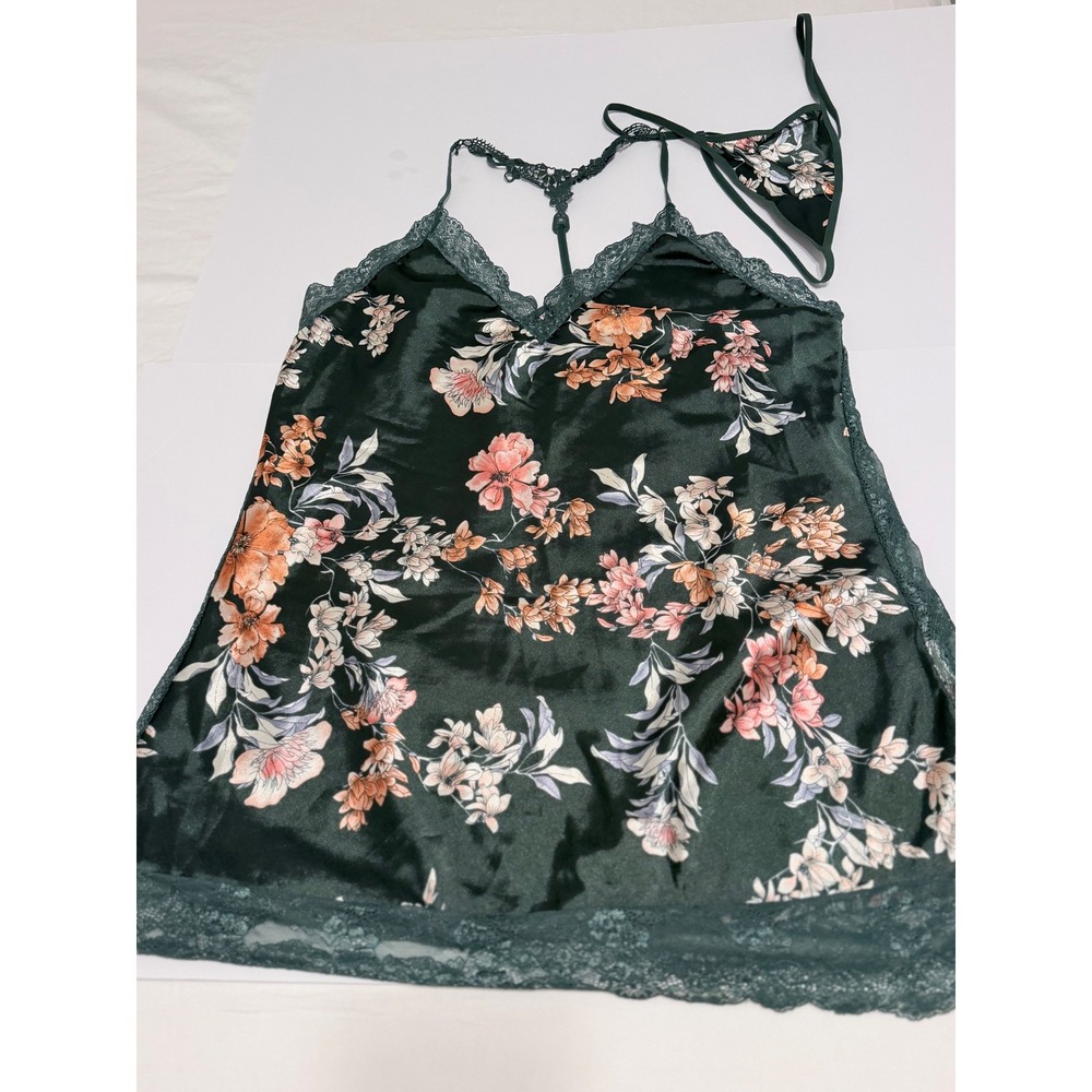 Avidlove Floral Satin Lace Trim Lingerie Set Green XL Chemise and G-String
